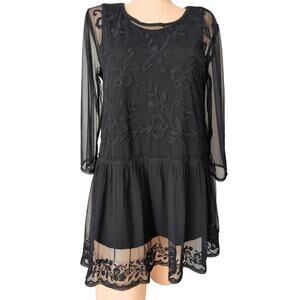 LOGO Lavish Sheer Mesh Embroidery Lace Tunic Dress Medium Witchy Whimsigoth Boho